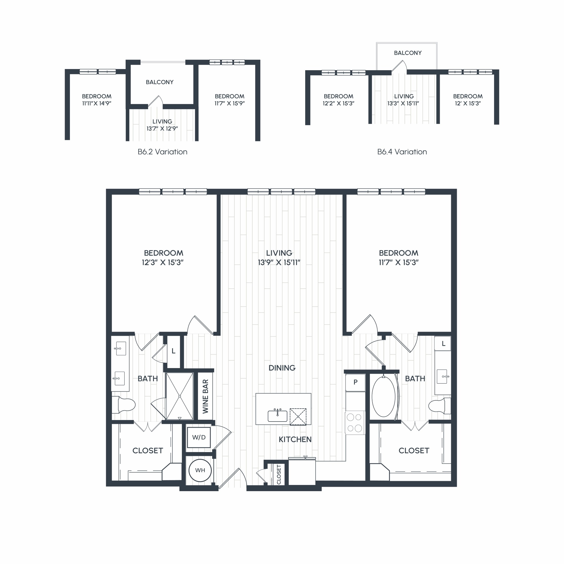 Floor plan for 2 beds, 2 baths, 1243 sqft